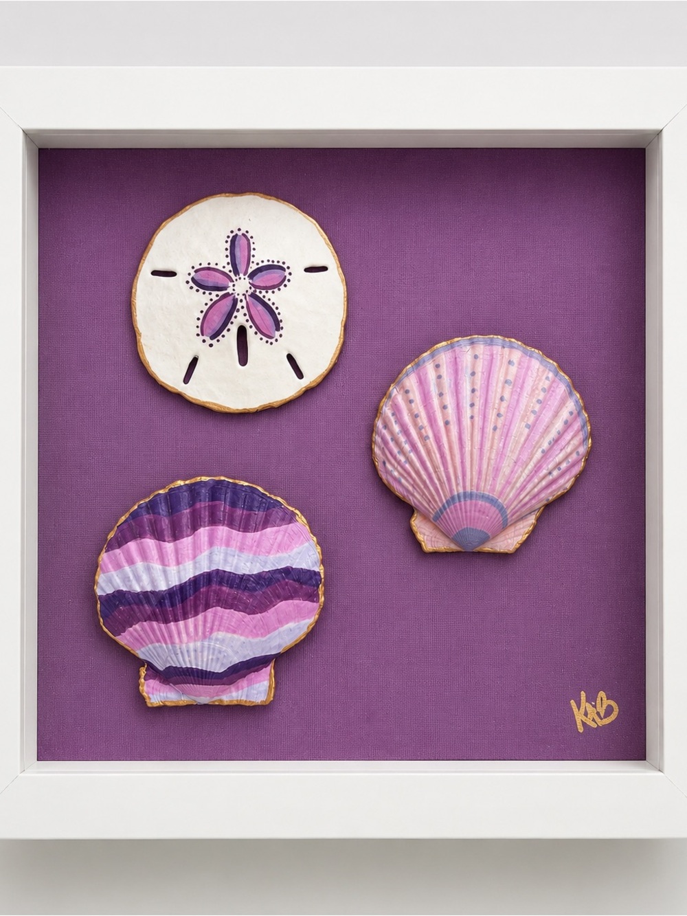 8x8 Framed Shadowbox Shell Trio Wall Art - Purple & Pink Coastal Decor